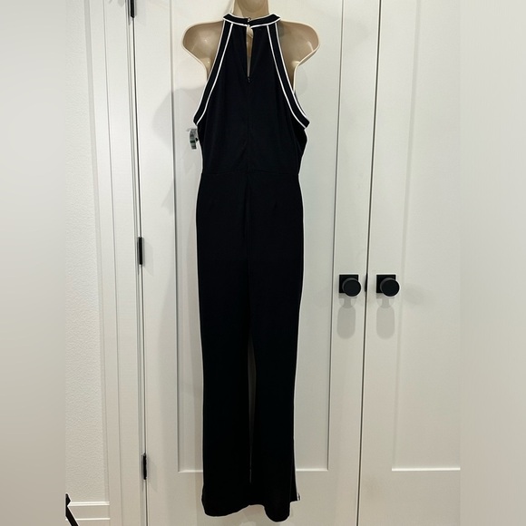 INC Contrast Piping Halter Jumpsuit Black White Stripe Straight Leg Large Chic - Picture 5 of 15